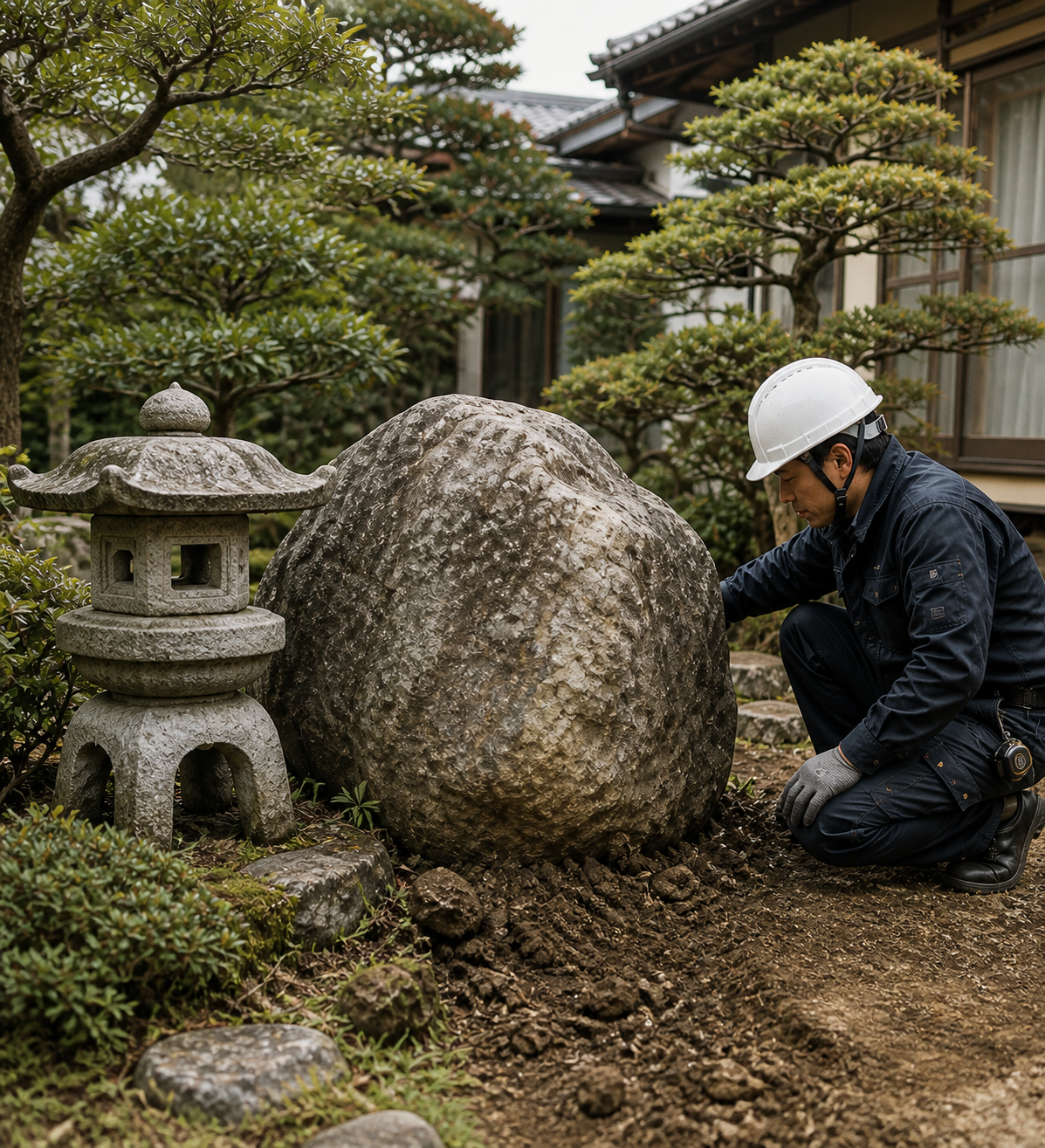 大きな庭石と石灯籠がある日本庭園で、作業者が石を確認している様子